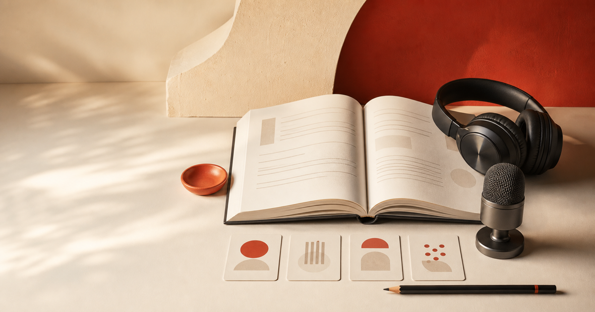 Open exam workbook with headphones, microphone and four abstract skill cards in a warm terracotta studio.